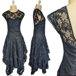 Vintage Fredrick's of Hollywood Black Lace Fit n' Flare Dress 90s 50s 7 / 8